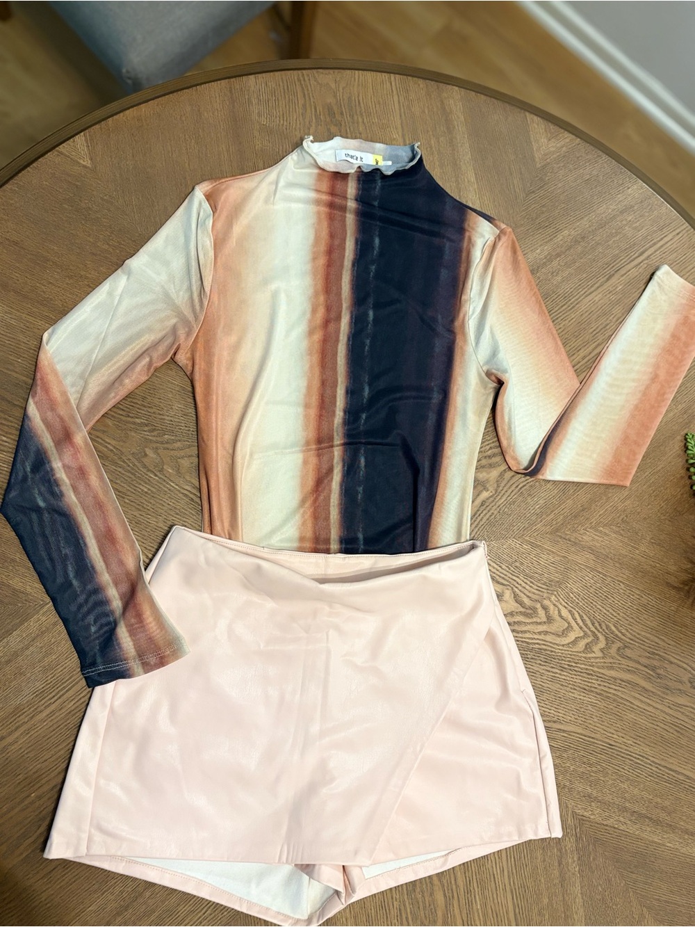 Striped Mock Neck Long Sleeve Top in Navy and Peach